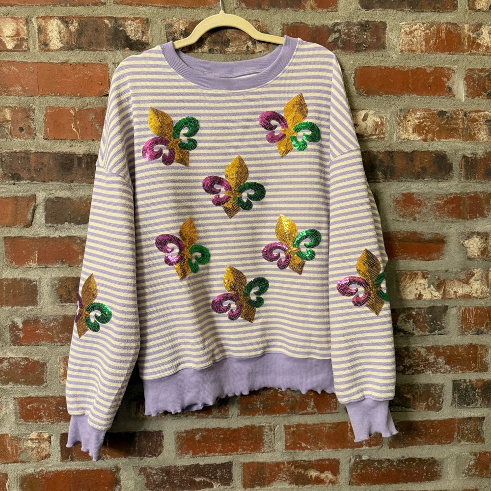 S36 - Mardi Gras Striped Sweater with Colorful Fleur-de-Lis